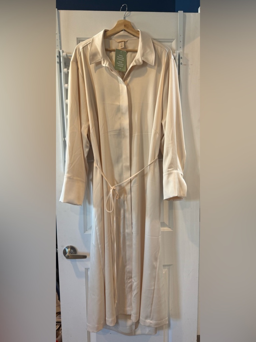 H&M Cream Long Satin Shirt Dress with Waist Tie